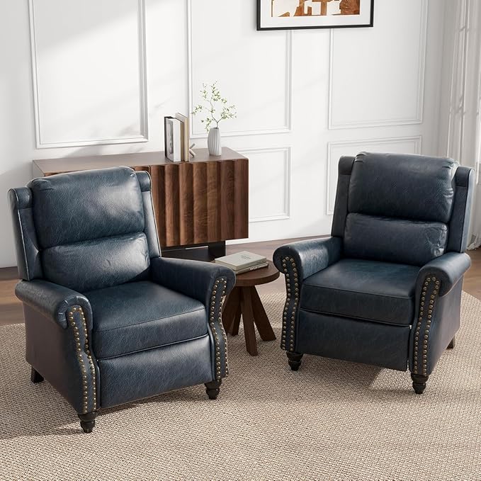 UIXE Faux Leather Recliner Chairs Set of 2, Pushback Armchair Overstuffed Accent Chair for Living Room, Rivet Trim Club Chair Home Theater Bedroom Reading Seat - Navy Blue
