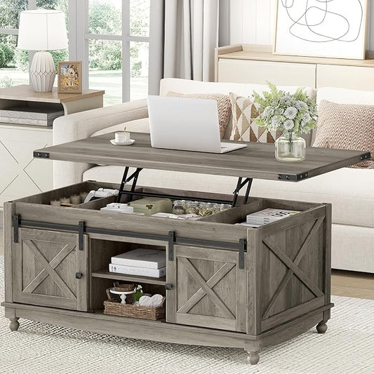 48" Farmhouse Lift Top Coffee Table with Storage Sliding Barn Door & Large Hidden Compartment, Coffee Table with Lifting Top with Wooden Lift Tabletop, Coffee Tables for Living Room, Grey