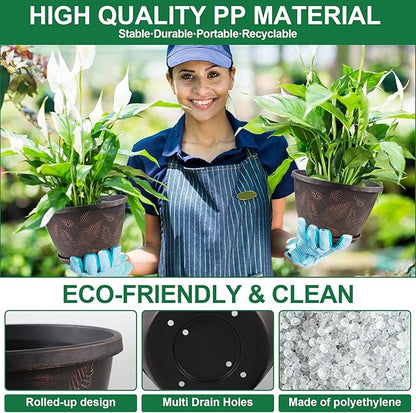 11 inch Plant Pot, 3 Pack Large Pots for Plants, Flower Pots with Drainage Hole & Saucer, Modern Planters for Indoor Outdoor Plants, Decorative Plastic Garden Pots (Copper)