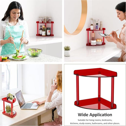 2 Tier Countertop Corner Organizer Shelf 7x7x8 Inch, Red Acrylic Bathroom Corner Shelf for Countertop, Vanity Storage for Skincare, Cosmetics, Perfume