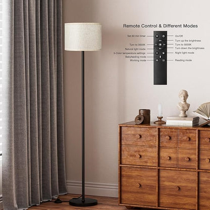 Ambimall 60'' Modern Floor Lamp with Remote, Tall Lamps for Living Room, Bedroom, Office, Dining Room, Beige Shade with Black Pole(Included Bulb)