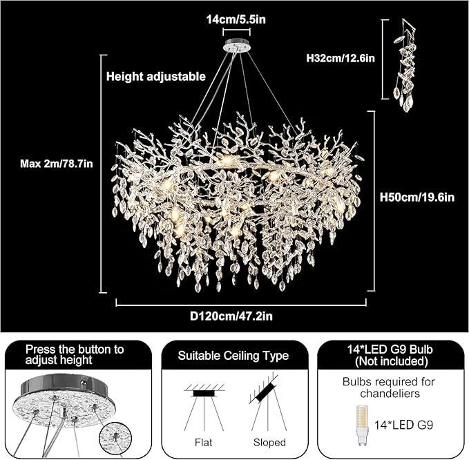 14-Light Modern Living Room Crystal Chandeliers,48" Round Silver Tree Branche Chandelier,Silver K9 Crystal Chandeliers for Dining Room,High Ceiling,Entryway、Foyer