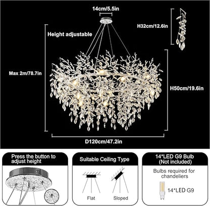 14-Light Modern Living Room Crystal Chandeliers,48" Round Silver Tree Branche Chandelier,Silver K9 Crystal Chandeliers for Dining Room,High Ceiling,Entryway、Foyer