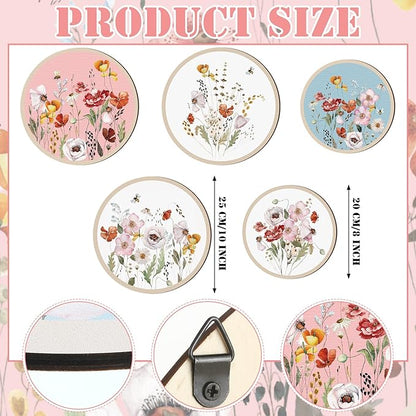 Qunclay 5 Pcs Wall Art Decor Wooden Living Room Wall Decor Bohemian Hanging Farmhouse Geometric 10'' and 8'' Aesthetic Wood Minimalist Posters for Bedroom(Wild Flower)