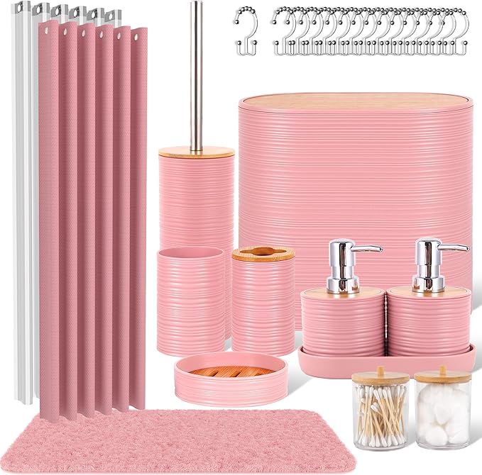 Pink Bathroom Set, 25 PCS Bathroom Accessories Set with Shower Curtains, Rugs, Trash Can, Toothbrush Holder, Soap Dispensers, Toothbrush Cup, Vanity Tray, Soap Dish, Toilet Brush, Qtip Holders