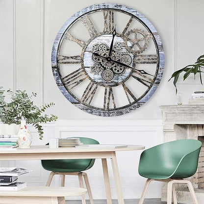 The B-Style Large Wall Clock 24 inch Moving Gear Wall Clock Oversized Vintage Farmhouse Wall Clocks for Living Room Decor Rustic Industrial Wood Clock (Aqua Green, 36 inch/90cm)