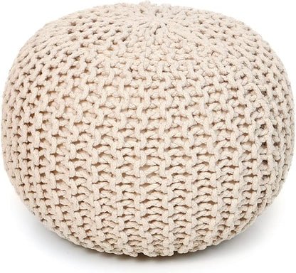 REDEARTH Round Pouf Ottoman –18"x18"x14" Hand-Knitted Cotton Pouffe –Cable Footstool –Boho Dori Hassock –Pre-Stuffed Poof – Extra Seat -Poofy Footrest for Living Room, Bedroom, Nursery, Nook –Ivory