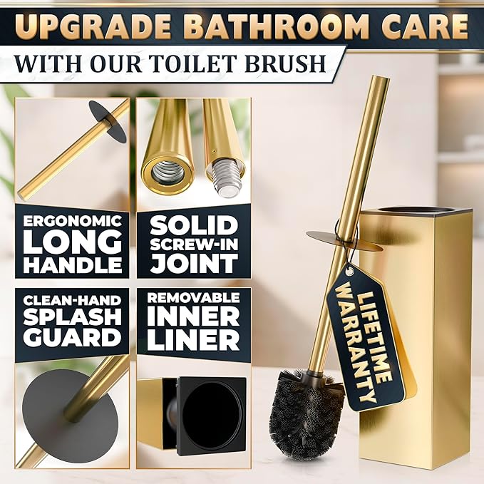 Stainless Steel Toilet Brush and Holder Set Gold & Square Design - Corrosion and Scratch-Resistant Gold Toilet Brush and Holder Set with Splash Protection - for Deep & Effective Bathroom Cleaning