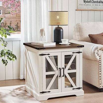 24" End Table Set of 2 with Charging Station, Farmhouse Night Stand with Glass Barn Door, Nightstands with Adjustable Storage Shelf, Large Wood Square Bed Side Table for Living Room,Bedroom