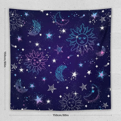 HZOHNAGO Boho Sun Moon Tapestry Purple Blue Sun Stars Galaxy Pattern Printed Wall Tapestry Wall Hanging for Bedroom Living Room Dorm 60" W x 60" H