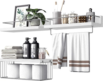 Bathroom Shelves Over Toilet for Wall, Floating Shelves with Storage Basket Paper Holer for Kitchen Living Room, Bedroom & Classroom, Set of 3 (White and Grey)