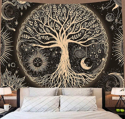 FORATER Tree of Life Tapestry Wall Hanging Sun Moon Stars Tapestries Aesthetic Galaxy Wall Tapestry Nature Home Decoration for Living Room Bedroom(61 x 82 Inch, Black and Gold)