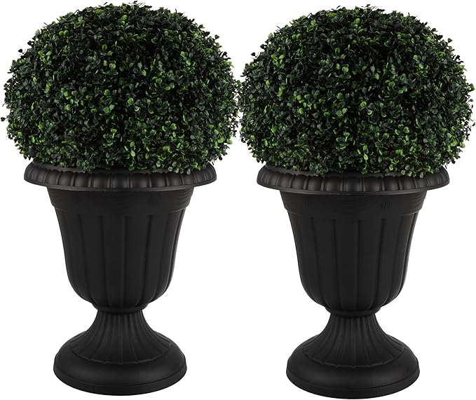 Pure Garden Outdoor Planter 2-Pack - 16x18-Inch Urn Planters - Plastic Plant Pots for Indoor, Outdoor, or Front Porch Decor - Flower Pots (Black)
