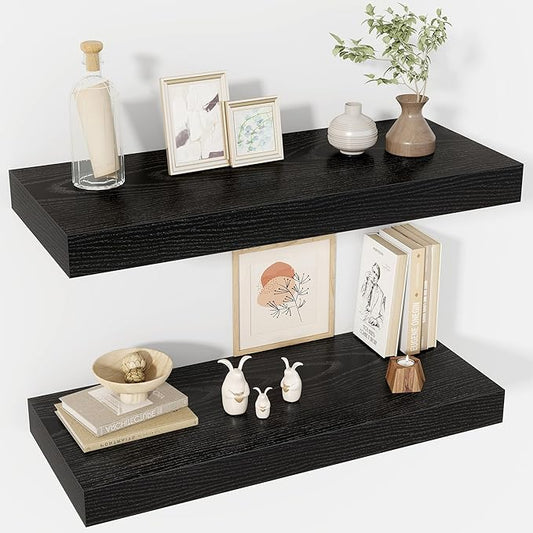 30 Inch Floating Shelves, 12" Deep Floating Shelf Wall Mounted, 30" Wall Shelves, Rustic Deep Bookshelf, Extra Deeper & Thicker Display Shelves for Bedroom, Living Room, Black, Set of 2