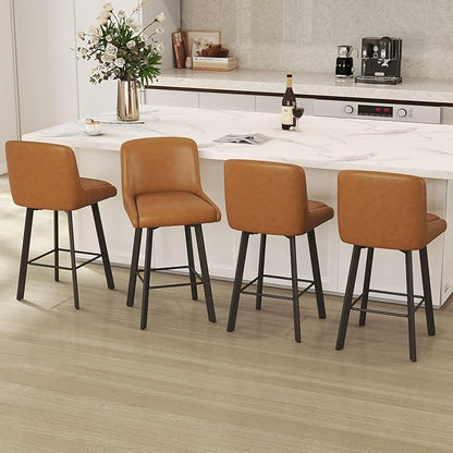 Swivel Counter Height Bar Stools Set of 2, 26''H Upholstered Barstools with Backs, Modern Bar Stool Chairs for Kitchen Island, Metal Legs, Faux Leather, Whiskey Brown Stools Counter Chair