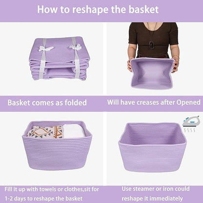 Cotton Rope storage Basket Bins Woven Basket for Organizing Shelves Rectangle Decorative Baskets For storage Clothes Toys Books Towels Square Wicker Nursery basket organizer 3 pack purple lavender