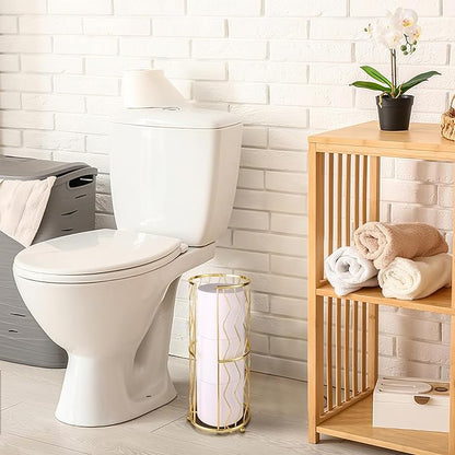Decorative Metal Standing Toilet Tissue Holder for Bathroom/Powder Room, Compact Tissue Reserve for 3 Rolls of Toilet Paper Gold