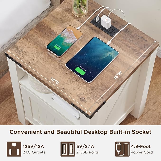 OKD Farmhouse Nightstand with Charging Station, 18" Rustic End Table with Adjustable Storage Shelf, Wood Rustic Wood Sofa Side Table for Bedroom