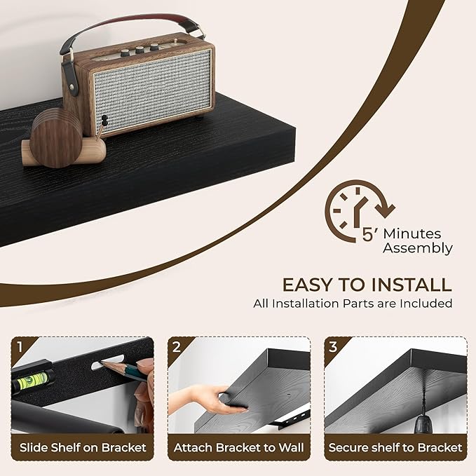 RICHFOCUS 48Inch Floating Shelves for Wall 2 Pack Shelves for Bedroom|Kitchen|Bathroom Wall Mounted Rustic Wood Floating Shelf with Invisible Brackets for Books|Storage|Decor, Black