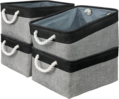 TcaFmac Storage Basket for Organizing - Large 4 Pack Canvas Decorative Storage Bins Baskets for Shelves with Ropes, Foldable Storage Cubes for Closet Cloth Toy Linen(Black & Grey 16x12x8 inch)