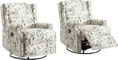 UIXE Swivel Rocker Manual Recliner Chairs Set of 2, Wingback Swivel Glider Fabric Nursery Reclining Sofa Chair, High Back Upholstered Arm Chair for Living Room Bedroom - Bird Pattern