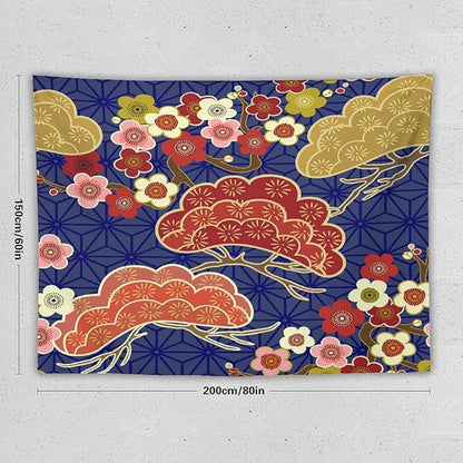 HZOHNAGO Japanese Tapestry Art Abstract Colorful Cherry Blossom Blue Background Pattern Printed Wall Tapestry Painting Wall Hanging for Bedroom Living Room Dorm 80" W x 60" H