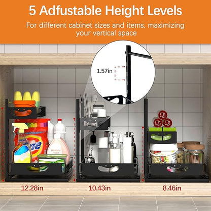 Under Sink Organizer with Pull-Out Drawers,Kitchen Sink Organizer,2 Tier Bathroom Organizers And Storage,Bathroom Accessories Set,Black 2 Pack