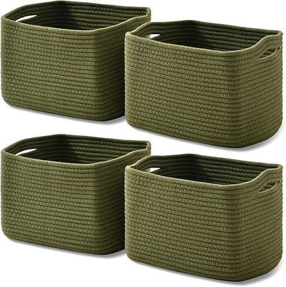 Storage Basket for Shelves, Small Baskets for Organizing, Woven Cotton Rope Baskets for Storage, Book Basket, Decorative Shelf Basket, 12.5"Lx9.1''Wx7.9''H (4 Packs) Green