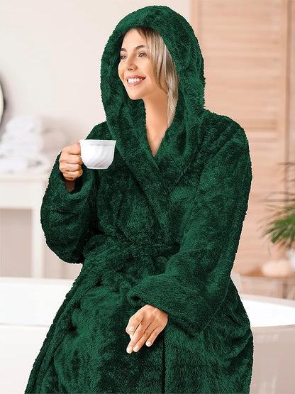 PAVILIA Women Hooded Plush Soft Robe | Fluffy Warm Fleece Sherpa Shaggy Bathrobe