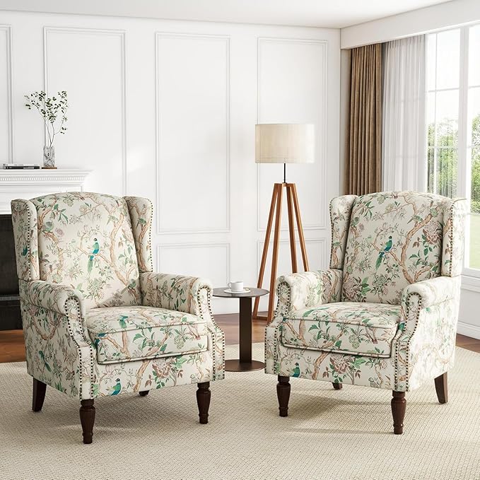 UIXE High Back Accent Chairs Set of 2, Fabric Upholstered Armchair for Living Room, Retro Printed Wingback Arm Chair Rivet Trimed Single Sofa Bedroom Reading Seat - Bird Floral