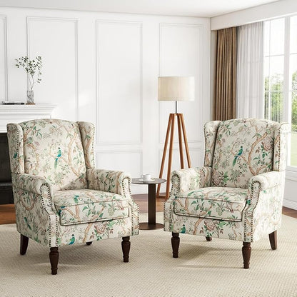 UIXE High Back Accent Chairs Set of 2, Fabric Upholstered Armchair for Living Room, Retro Printed Wingback Arm Chair Rivet Trimed Single Sofa Bedroom Reading Seat - Bird Floral