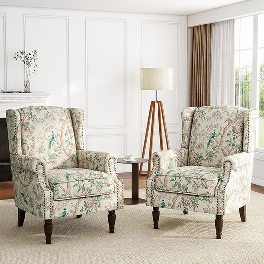 UIXE High Back Accent Chairs Set of 2, Fabric Upholstered Armchair for Living Room, Retro Printed Wingback Arm Chair Rivet Trimed Single Sofa Bedroom Reading Seat - Bird Floral