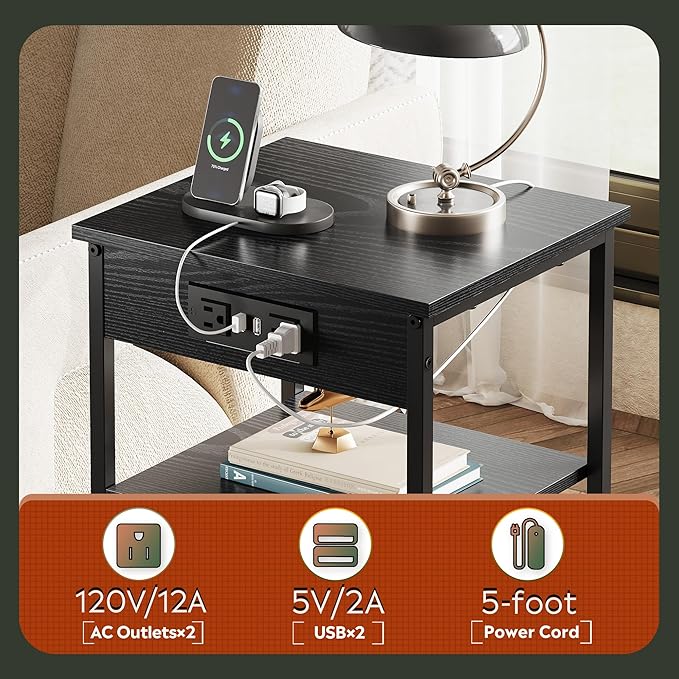 WLIVE Black End Table with Charging Station, Slim Night Stand with 3 Storage Shelves, Small Side Tables for Small Spaces, Bedside Tables for Living Room, Bedroom