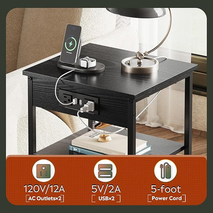 WLIVE Black End Table with Charging Station, Slim Night Stand with 3 Storage Shelves, Small Side Tables for Small Spaces, Bedside Tables for Living Room, Bedroom