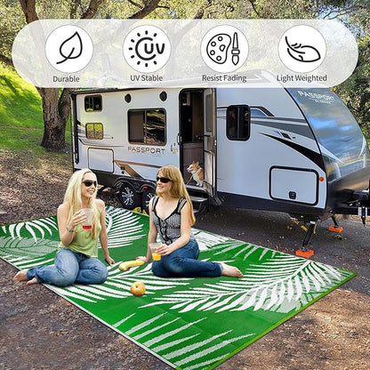 Waterproof Outdoor Rug 8x10ft, Green Leaf Reversible Plastic Straw Mat for Patio RV Deck Porch Backyard Balcony Camping Picnic Beach Indoor Outdoor Carpet, Green&White