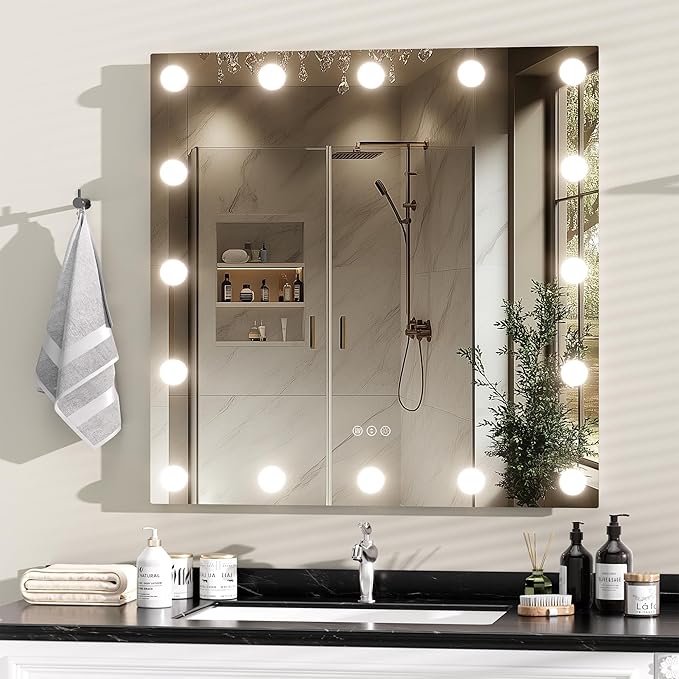 Hasipu LED Bathroom Mirror with Lights, 32" x 32" Hollywood Wall-Mounted Bathroom Mirror with 16 Dimmable Bulbs, 3 Colors Modes, Touch Control, Anti-Fog, Memory Function, Shatter-Proof, ETL Listed
