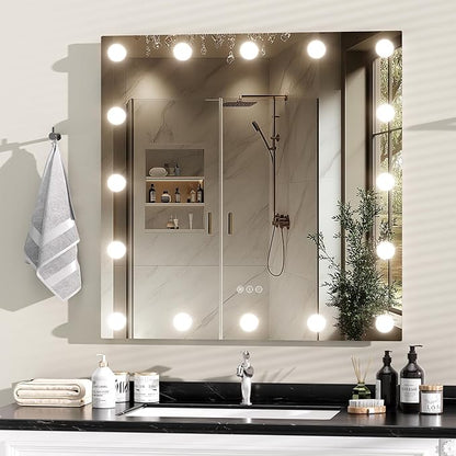 Hasipu LED Bathroom Mirror with Lights, 32" x 32" Hollywood Wall-Mounted Bathroom Mirror with 16 Dimmable Bulbs, 3 Colors Modes, Touch Control, Anti-Fog, Memory Function, Shatter-Proof, ETL Listed