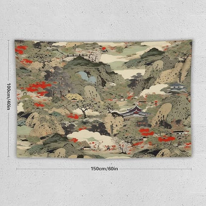Asian Tapestry,Japanese Red Landscape Asian Watercolor Abstract Art Tapestry, Asian Japanese Wall Tapestry, Nature Landscape Tapestries for Bedroom Living Room Decor 60"x40"