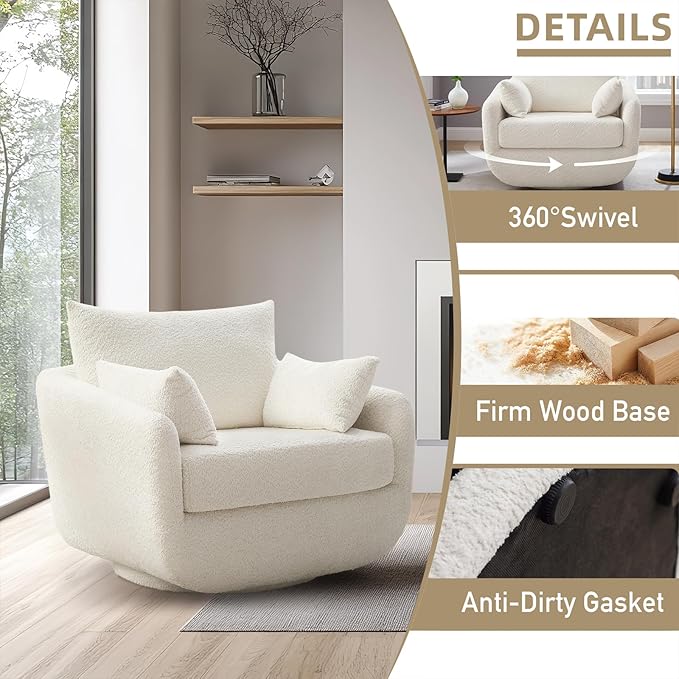 360° Swivel Accent Armchair Set of 2, 39.3" Oversized, Sherpa Boucle Fabric Sofa Chair with Removable Back & Arm Pillows, Swivel Chairs with Cozy Soft Padded, No Assembly Required, White