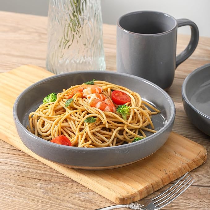 Pasta Bowls 26 OZ,Ceramic Salad Serving Bowls Set of 4,Large 8.2 inch Shallow Bowls Plates for Soup,Fruit,Noodle,Dinner,Dishwasher & Microwave Safe,Gray