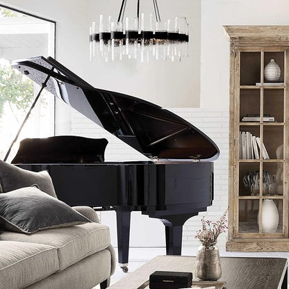 Round Black Glass Wagon Wheel Chandelier, Chandelier with Water Ripple Textured Recycled Clear Glass Piece, Modern Industrial Pendant Light with Metal Frame, Lighting Fixture for Living Room, Foyer