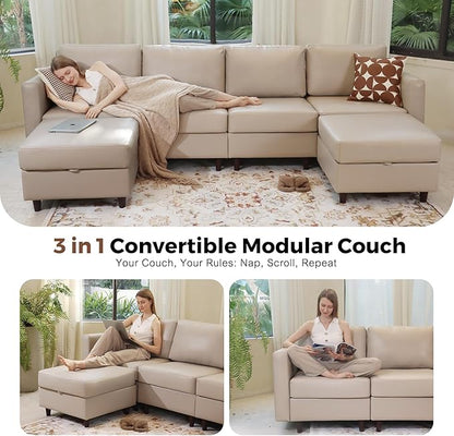 118.5" Faux Leather Modular Sectional Sofa with Storage Seat, Oversized 4 Seater Couch Deep Seat with Removable Cover Whitesand