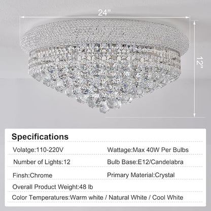 12-Light Crystal Flush Mount Chandelier Ceiling Light Fixture for Living Room Dining Room Bedroom Foyer Entryway Hallway Closet Bathroom (Chrome D24)