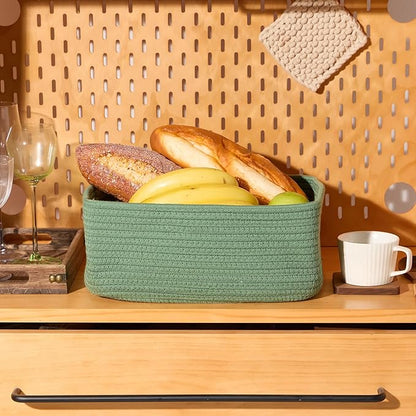 Small Storage Baskets for Organizing | Closet Organizer Bins | Shelf Toy Basket | Woven Rope Baskets | Cube Decorative Box | Shallow Basket | 13x8.5x5.1” | 4 Packs Green