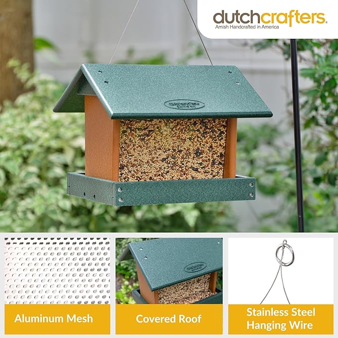 Poly Hanging Hopper Bird Feeder, Large Hanging Bird Feeder for Outside, Outdoors - Amish American Made (Turf Green & Cedar)