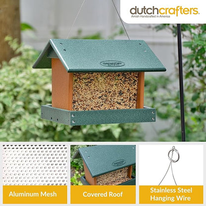 Poly Hanging Hopper Bird Feeder, Large Hanging Bird Feeder for Outside, Outdoors - Amish American Made (Turf Green & Cedar)