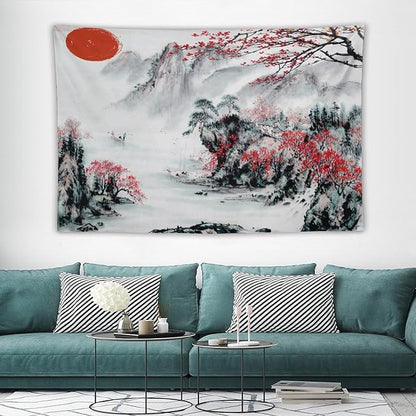 Cherry Blossoms Tapestry,Japanese Red Landscape Asian Watercolor Abstract Art Tapestry, Asian Japanese Wall Tapestry, Nature Landscape Tapestries for Bedroom Living Room Decor 90"x60"