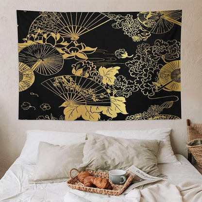 HZOHNAGO Japanese Tapestry Gold Flowers Umbrella Fan Pattern Printed Wall Tapestry Painting Wall Hanging for Bedroom Living Room Dorm 90" W x 60" H