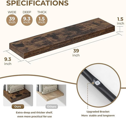 Dreamland 40 Inches Floating Shelves for Wall, 9.3" Deep Long Floating Shelves Set of 2, Large Display & Storage Shelf, Wall Shelf for Bathroom Bedroom Living Room Kitchen Office, Rustic Brown