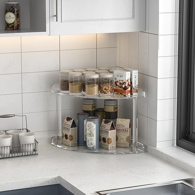 2 Tier Acrylic Corner Shelf Organizer Storage 9.5x9.5x8 Inch, Transparent Countertop Corner Shelf for Bathroom, Kitchen, Bedroom, Office, Study Room